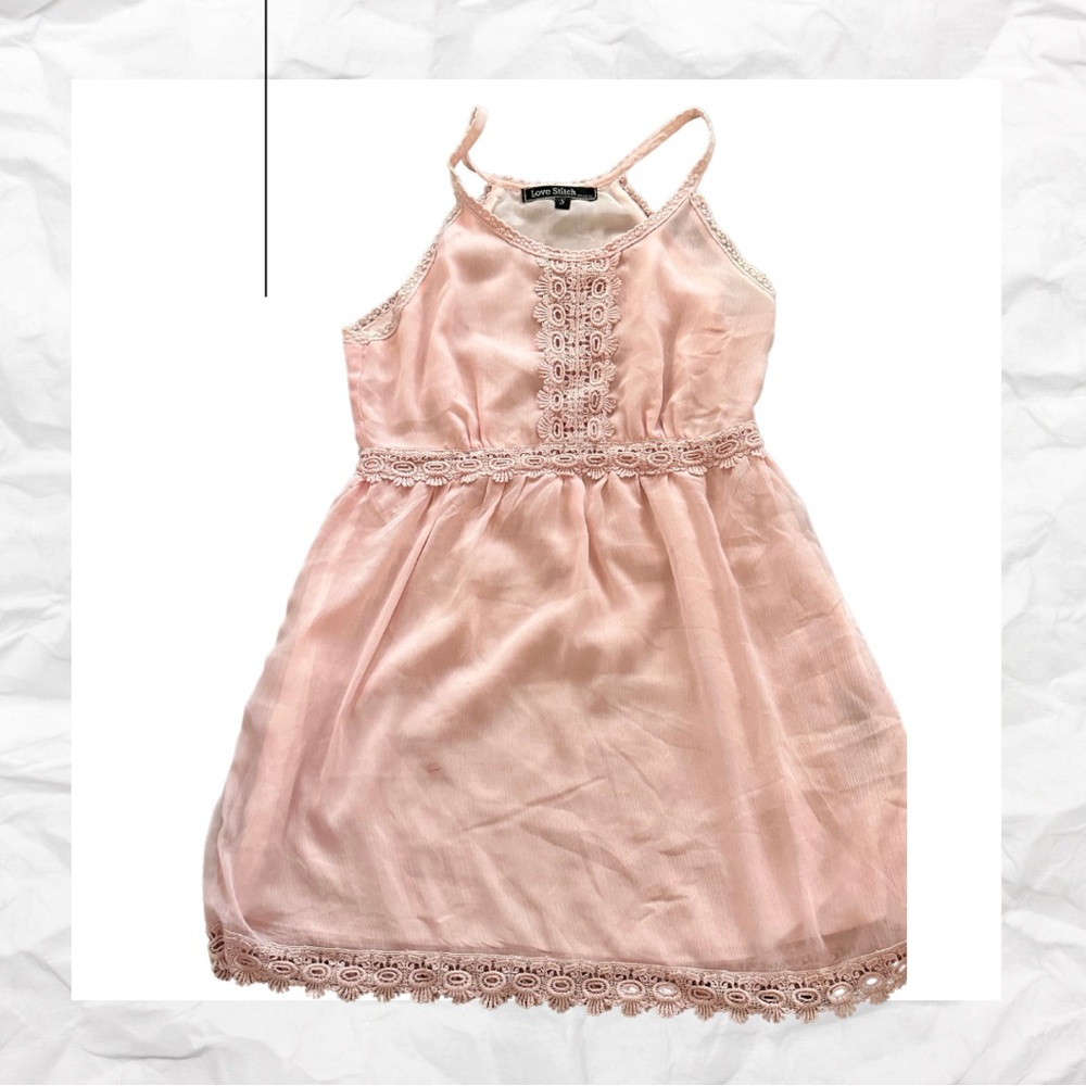 Love stitch rayon dress. Pink mini with lace detail
